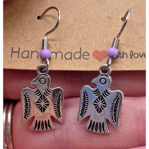 Phoenix Bird Earrings Handmade Silver Metal Purple Bead NEW Southwestern Jewelry